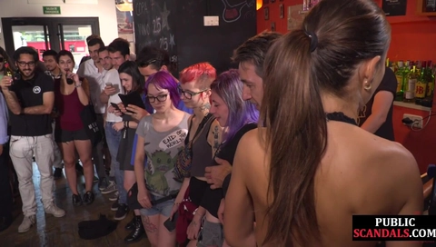 Public slut drinks piss and cum in front of