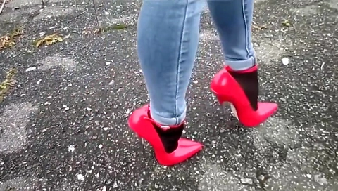 DGB07 - SISSY PUBLIC RED HIGH HEELS - RED HIGH HEELS - SISSY