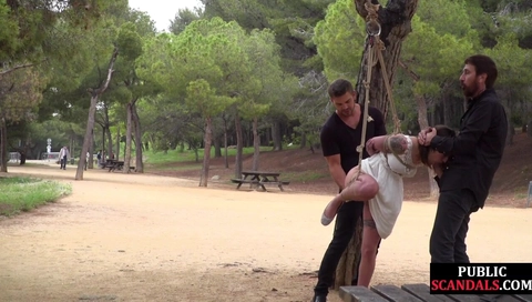 BDSM whipped teen 18+ deepthroats big cocks outdoor in public
