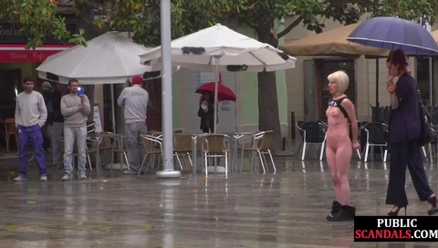 Public perverted naked slut seduced by BDSM lady outdoor
