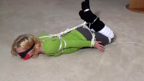 Hogtied, gagged, blindfolded and vibed in yoga pants