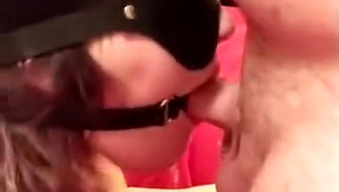 Messy ring gag and blindfolded hotwife blowjob!