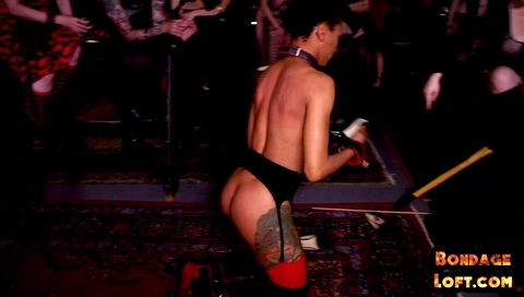 Curvy mistress fisting black sub during domination session