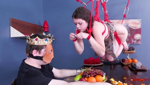 Rope tied slut gagging on dick