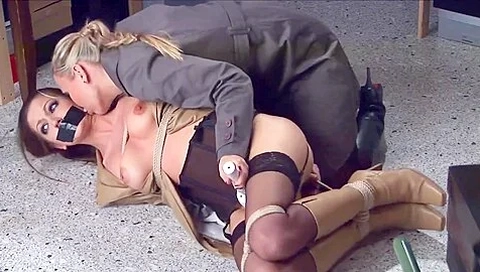 Brunette Roped, Tape-gagged And Vibed By Her Blonde